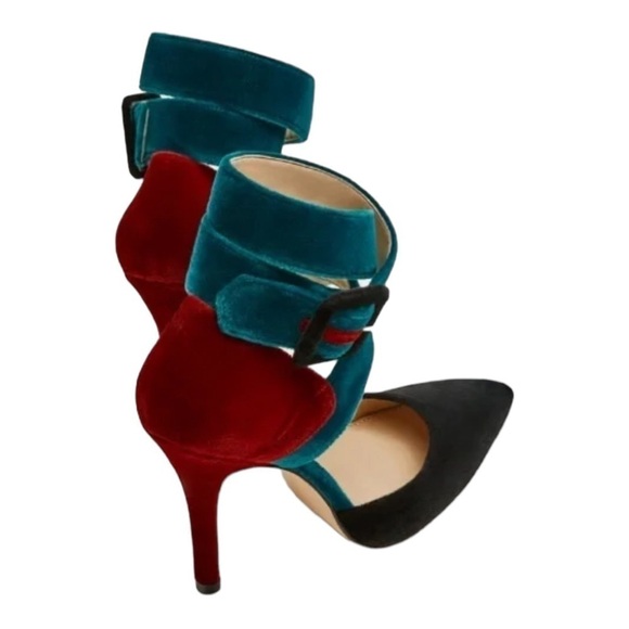 ZARA Teal Burgundy Velvet Ankle Strap Colorblock Heels Size 8 - Picture 7 of 10